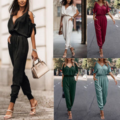 V Neck Pleated Casual Women One Piece Jumpsuits