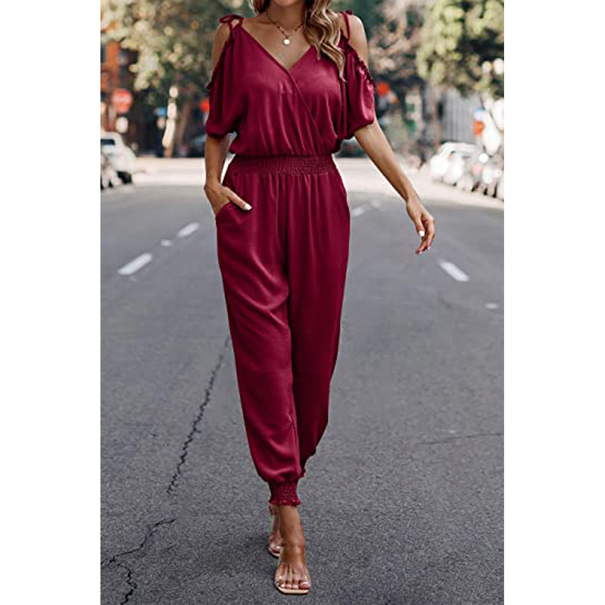 V Neck Pleated Casual Women One Piece Jumpsuits- SavanaZon