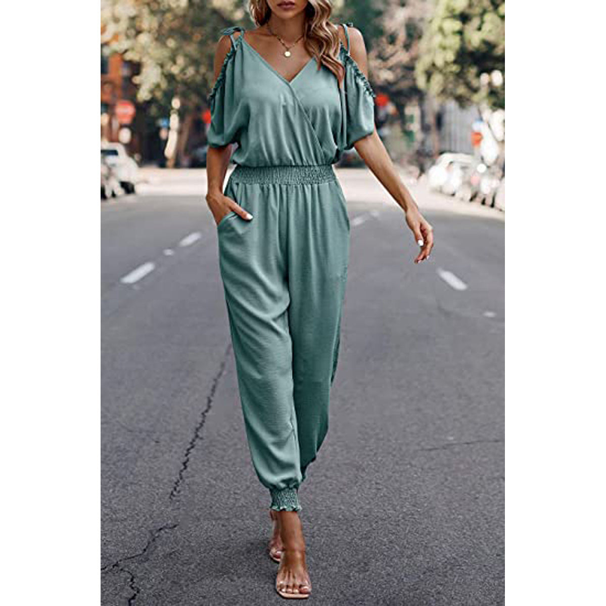 V Neck Pleated Casual Women One Piece Jumpsuits- SavanaZon